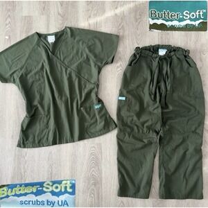 Y2K Butter-Soft Scrubs Set by UA Stretch Green Solid V-Neck Top & Pants Womens L